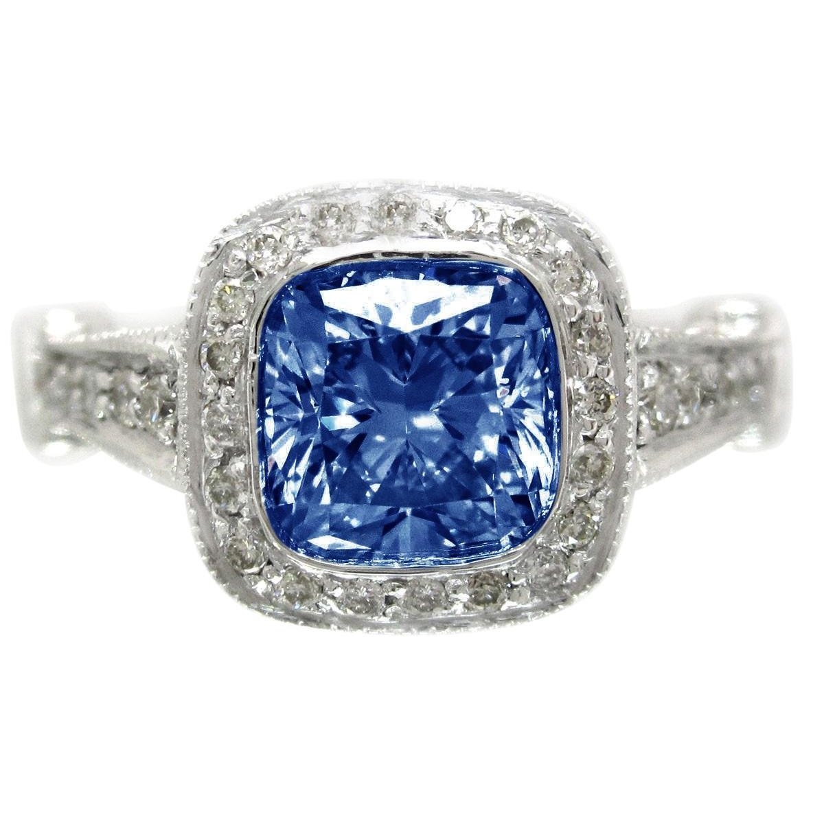 Unique Lady’s Blue Sapphire Cushion Halo Diamond Jewelry Gemstone Ring