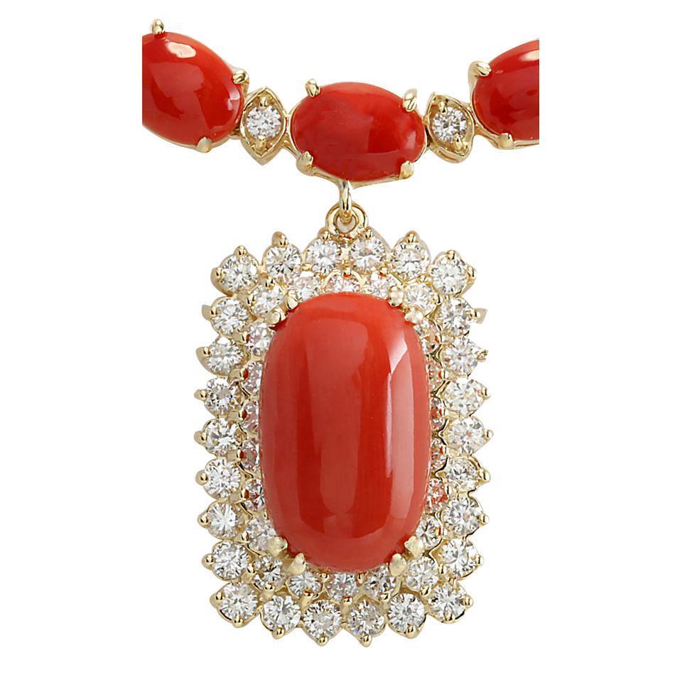 50.50 Ct Red Coral And Diamonds Lady Necklace Gold Yellow 14K Gemstone Necklace