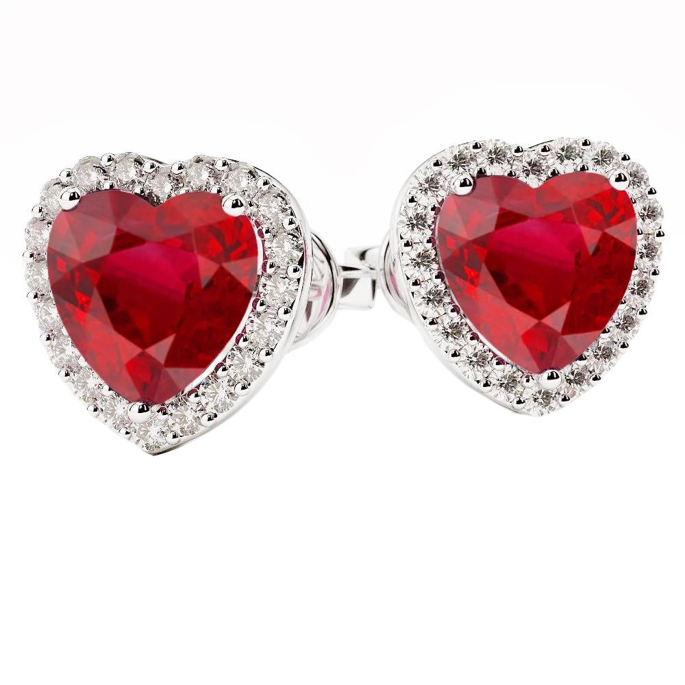 High Quality Fancy Sparkling Heart Cut Red Ruby & Diamond Stud Earring White Gold