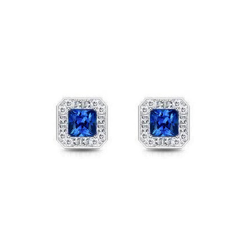 Sri Lanka Ladies Brilliant Sapphire & Diamonds Ladies Stud Halo Earring