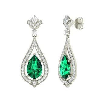 Lady’s Round Anniversary Green Emerald With Diamonds Earrings White Gold Gemstone Earring