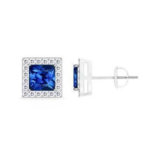 Woman's Weeding Anniversary Princess Sri Lanka Blue Sapphire Diamond Stud Earring