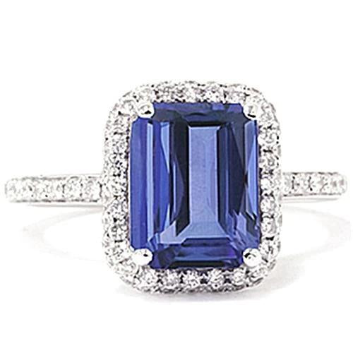 Emerald Cut Tanzanite Diamond Solitaire Ring With Accent Gemstone Ring