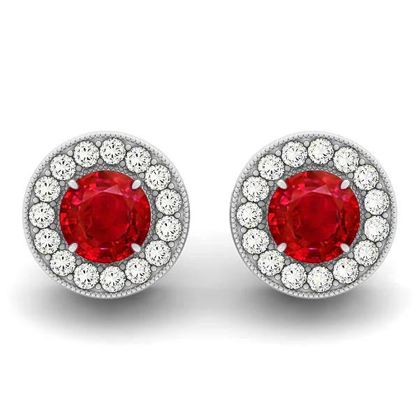 Sparkling Unique Lady’s Round Cut Ruby With Diamonds Halo Studs Earrings