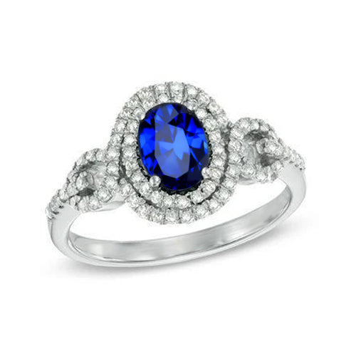 Women Jewelry White Gold Oval Ceylon Sapphire With Round Diamond Ring