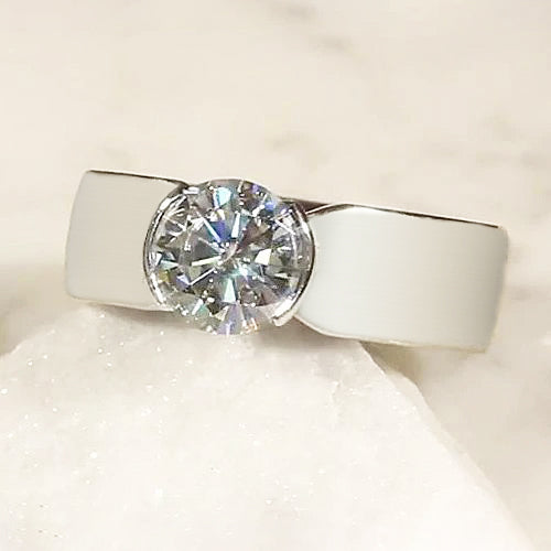 Solitaire Diamond Ring Half Bezel Setting 1.50 Carats Men's White Gold