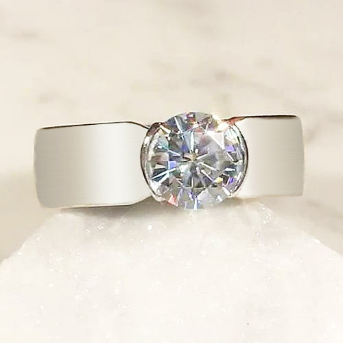 Solitaire Diamond Ring Half Bezel Setting 1.50 Carats Men's White Gold