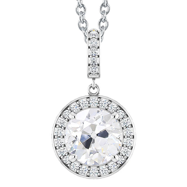 Halo Diamond Pendant Old Miner Cut White Gold