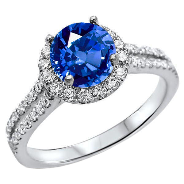 Women Jewelry Round Ceylon Sapphire With Diamonds Ring White Gold