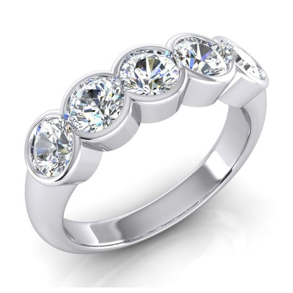 Lady’s Fancy Unique Engagement White Gold Anniversary Ring 5 Stone Diamond Anniversary Band Half Bezel Setting