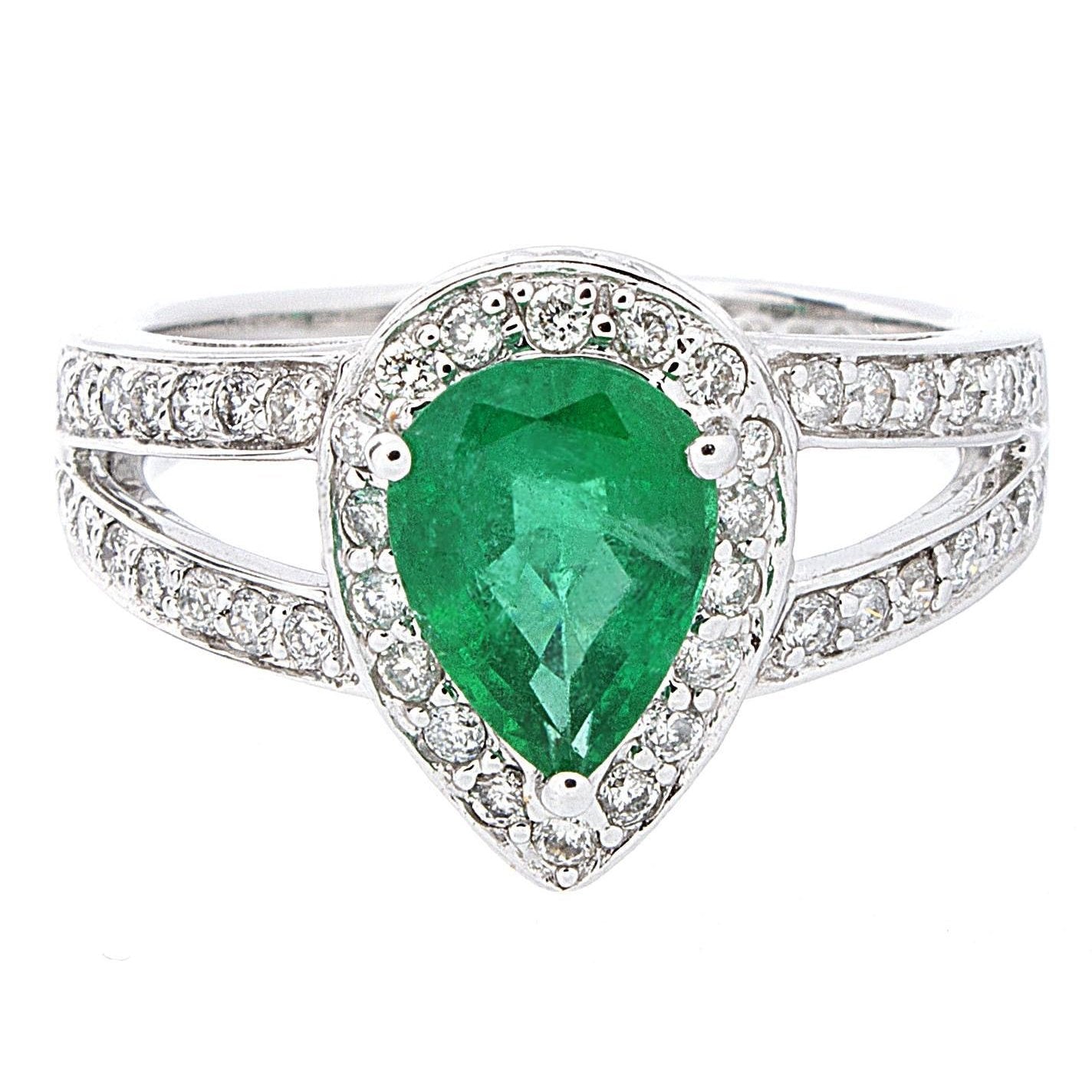Pear Cut Green Emerald With Diamond Wedding Ring White Gold Gemstone Ring