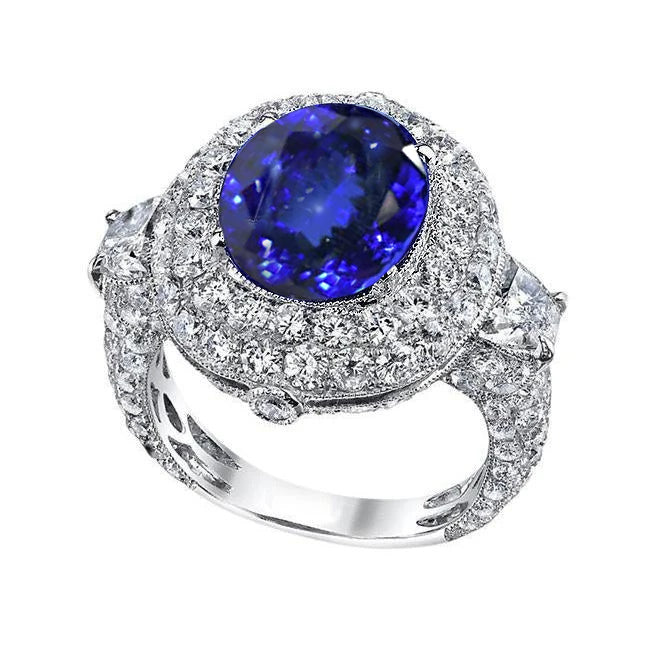 6.01 Ct Tanzanite Oval And Natural Earth Mined Diamonds Ring White Gold 14K
