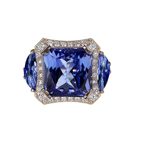 Lady’s Brilliant Engagement Radiant Tanzanite And Round Diamonds Fancy Ring Gold