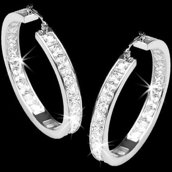 Engagement Sparkling Princess Cut Diamonds Lady Hoop Earrings White Gold