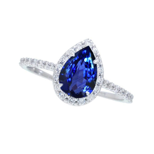 2.30 Carats Pear Cut Sri Lanka Blue Sapphire & Round Natural Earth Mined Diamond Ring