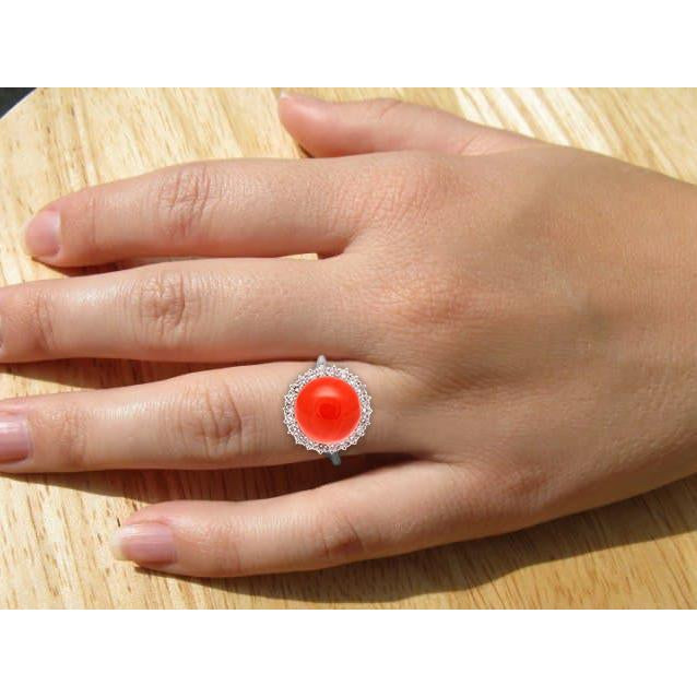 Big Red Coral And Diamonds Engagement Ring White Gold Fancy Lady’s