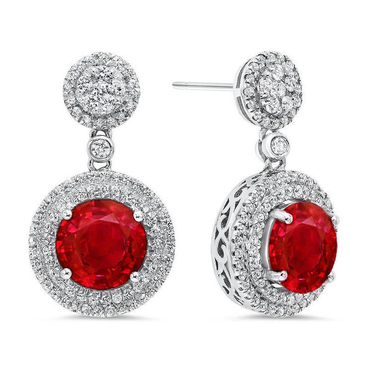 6.20 Carats Round Cut Ruby With Diamonds Dangle Earrings White Gold Gemstone Earring