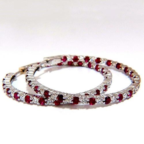 Round High Quality Fancy Sparkling Red Ruby And Diamond Women Hoop Earring Gold