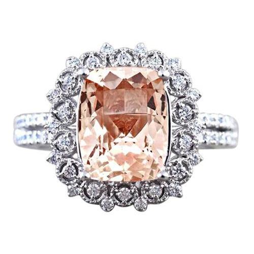 New Stylish Cushion Morganite And Diamonds Ring Gold Gemstone Ring