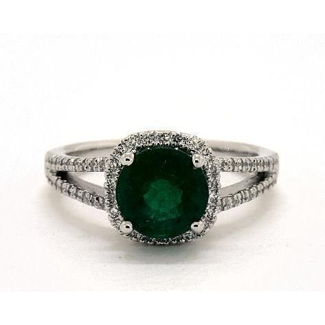 High Quality Round Cut Green Emerald Diamond White Gold Gemstone Ring