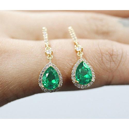 Female new Anniversary Pear Shaped Green Emerald Halo Diamond Dangle Earring