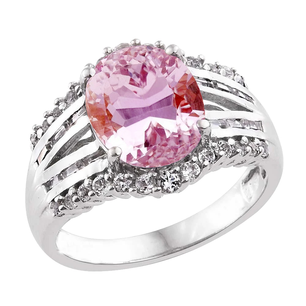 Fancy Lady’s Kunzite And Diamonds Ring Prong Set White Gold