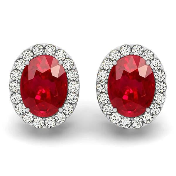 Womans Prong Set Ruby And Diamonds Studs Halo Earrings Gold White Gemstone Earring