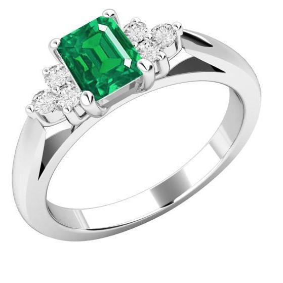 New Quality Green Emerald With White Diamonds White Gold Gemstone Ring