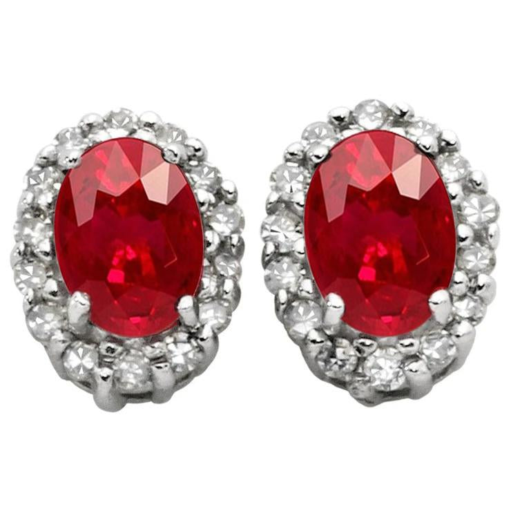 9 Ct Oval Cut Red Ruby And Diamond Cluster Ladies Stud Gold Earring Pair Gemstone Earring