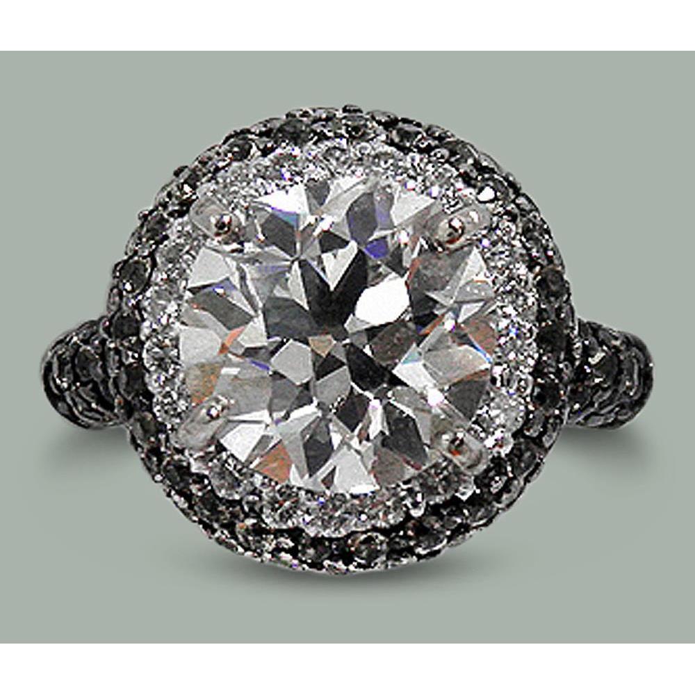 6.25 Cts Round White Black Diamonds Halo Old Miner Ring White Gold 14K
