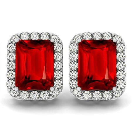 9.50 Ct Emerald Cut Ruby And Diamonds Halo Studs Earrings 14K White Gold Gemstone Earring