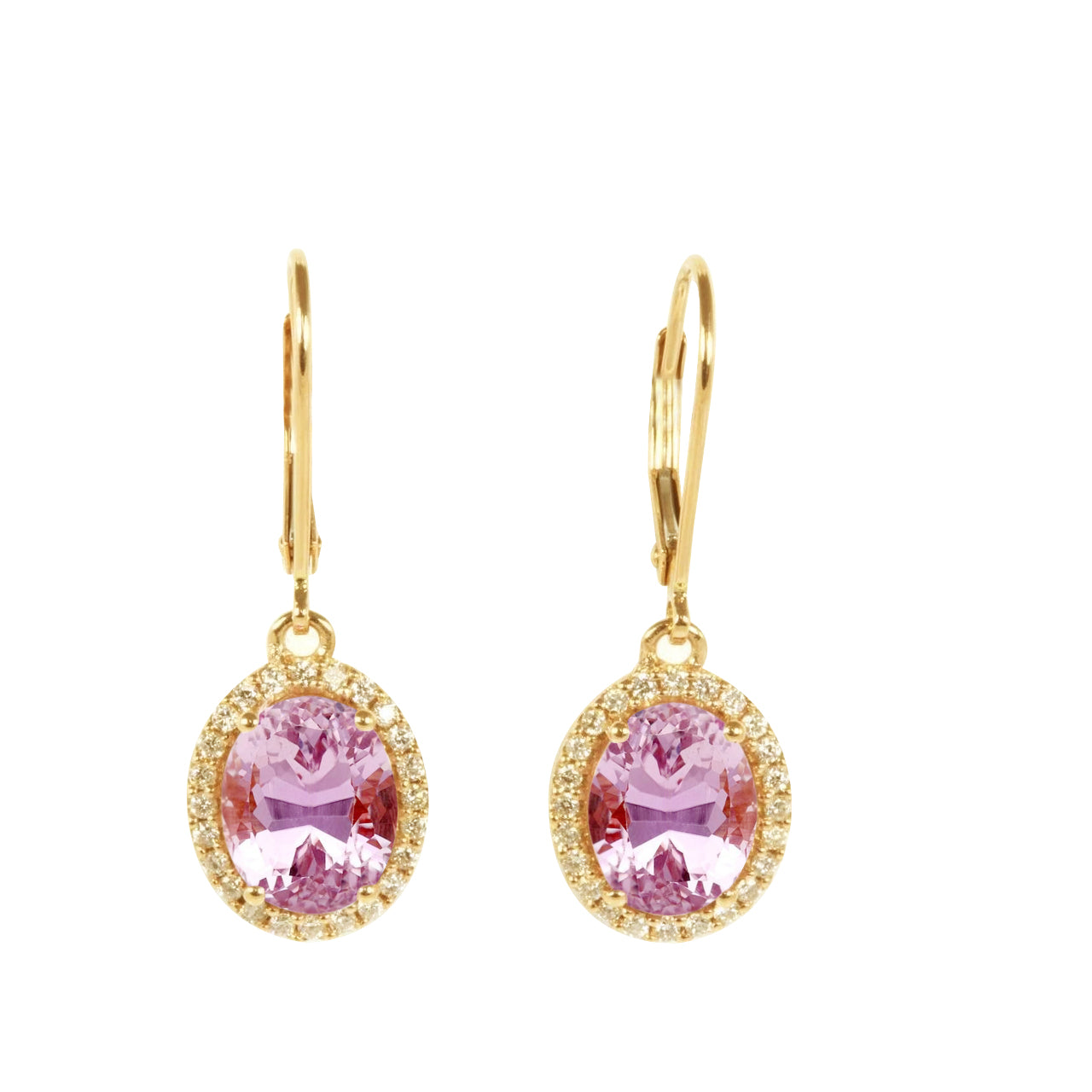 Ladies Brilliant Sparkling Oval Pink Kunzite With Diamond Dangle Earring Yellow Gold