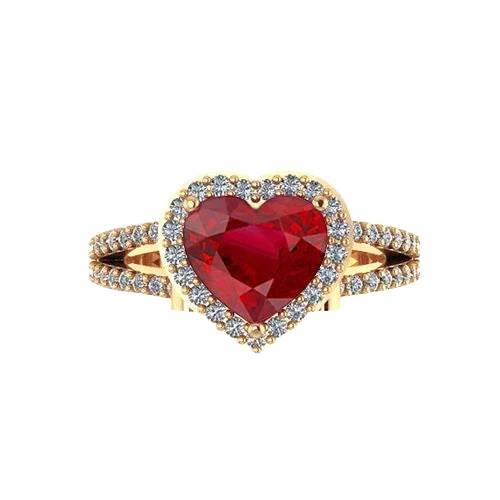 Sparkling Unique Lady’s Beautiful Heart Shape Ruby And Diamond Ring Yellow Gold