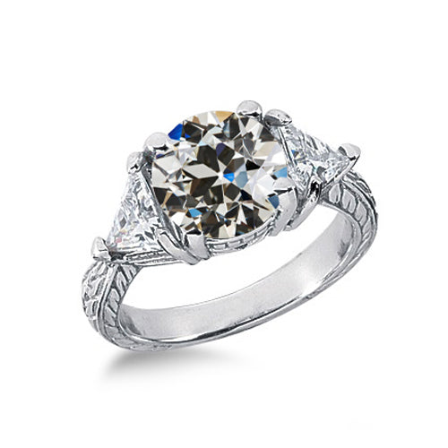 Antique Style 3 Stone Ring Old Mine Cut & Trillion Diamond