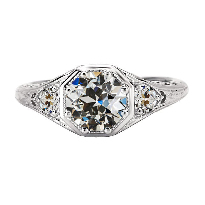 Antique Style 3 Stone Old Miner Cut Diamond Ring