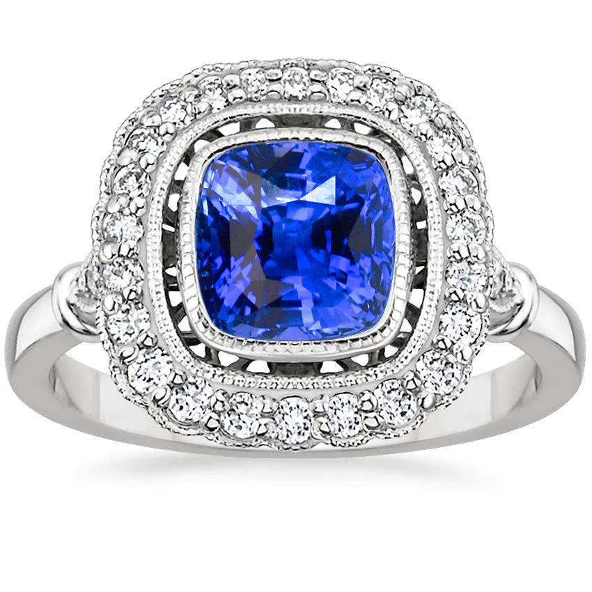 Elegant Woman's Art Nouveau Jewelry New Ceylon Sapphire And Diamond Ladies Ring
