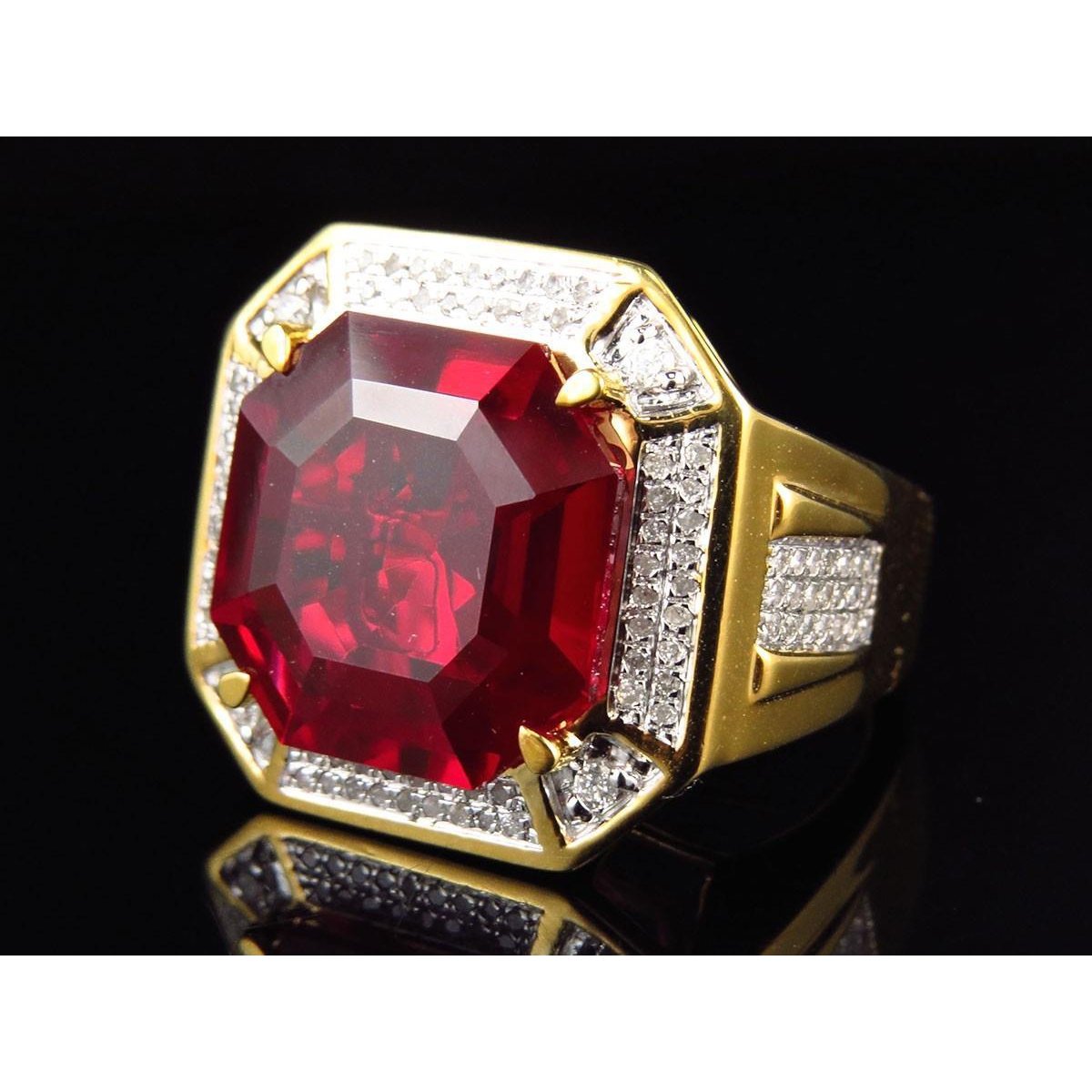 Fancy Asscher Red Men's Ruby Ring With Diamond 11 Carats Yellow Gold 14KYellow Gold Gemstone Ring
