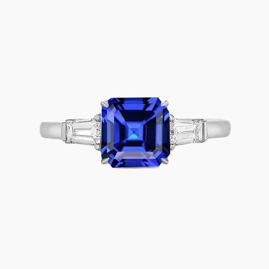 Baguette Diamond 3 Stone Ring Woman's Weeding Anniversary Asscher Cut Blue Sapphire