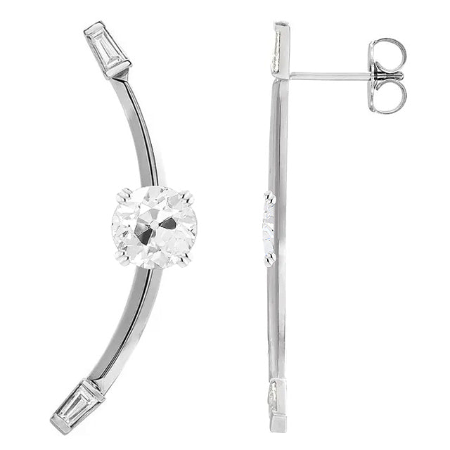 Baguette Diamond & Cushion Old Miner Drop Earrings White Gold 5 Carats