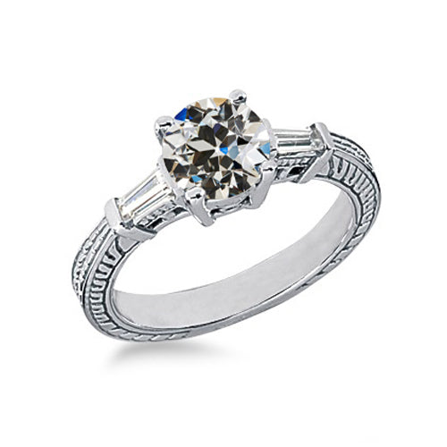White Gold Fancy Baguette & Old Miner Diamond 3 Stone Ring
