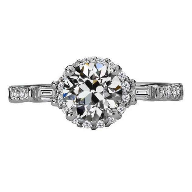 Baguette & Round Diamond Old Cut Halo Ring
