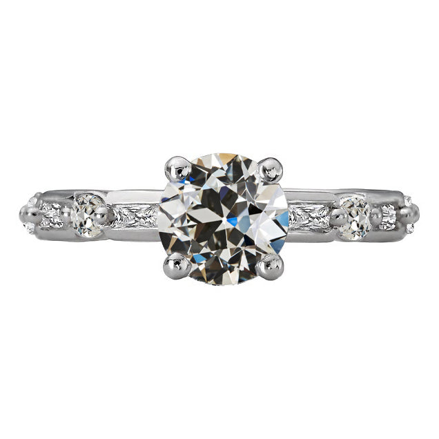 Lady’s Sparkling Vintage Style White Gold Weeding Anniversary Baguette & Round Old Mine Cut Diamond Ring