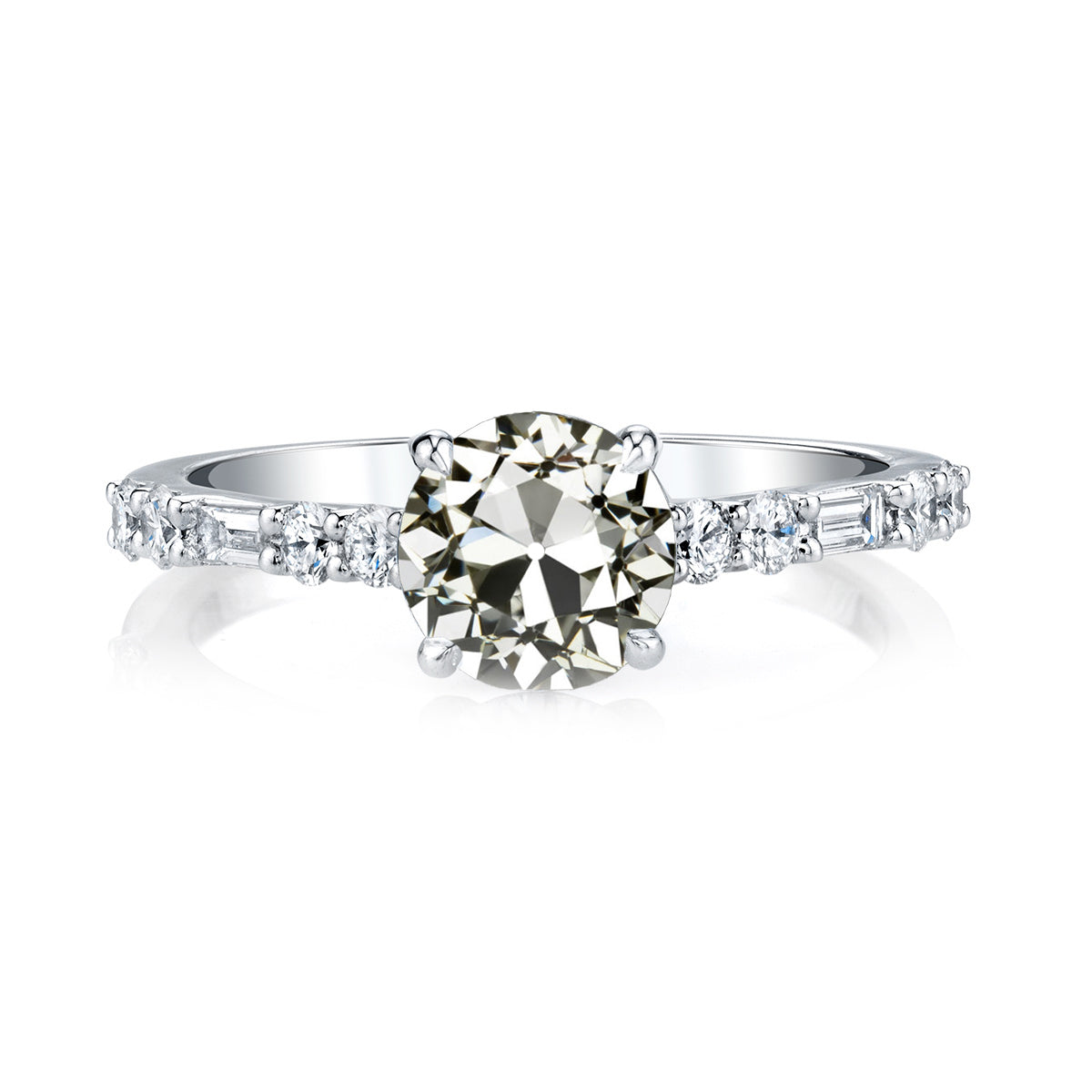 Unique Lady’s Style White Sparkling Engagement White gold Baguette & Round Old Miner Diamond Anniversary Ring