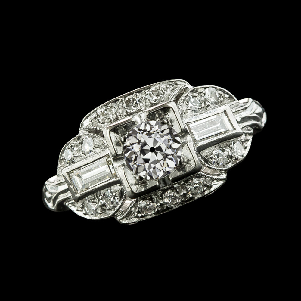 White gold Baguette & Round Old Miner Diamond anniversary Ring