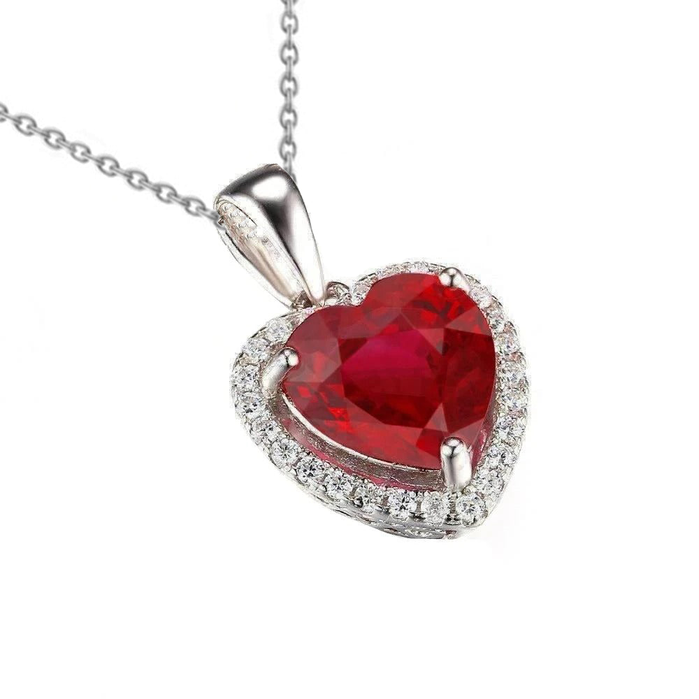 Beautiful Red Heart Cut Ruby And Natural Earth Mined Diamond Necklace Pendant Gold 14K