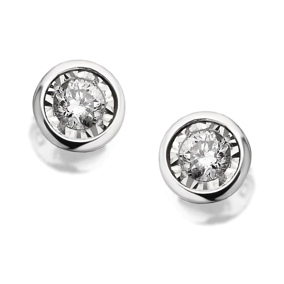 Bezel Set Round Cut Stud Earrings Diamond Cut Mounting White Gold