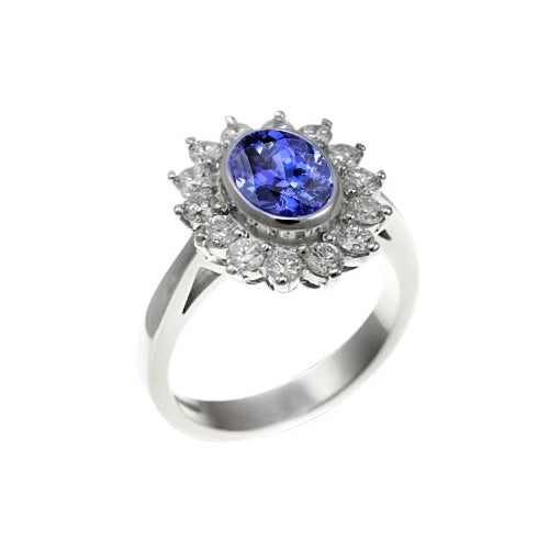 New High Quality Bezel Set Tanzanite Oval Diamond Ring White Gold