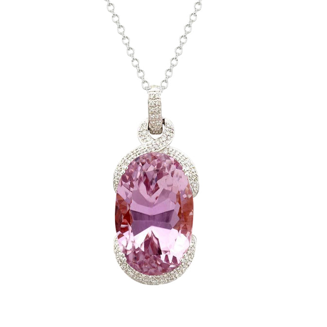 Big Oval Cut Pink Kunzite Natural Earth Mined Diamond Ladies Pendant White Gold 34.50 Ct