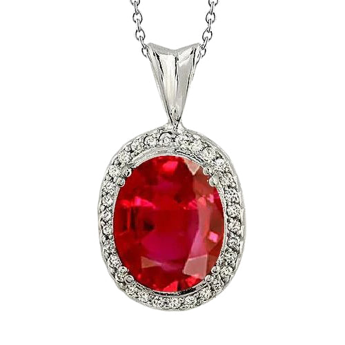 Big Red Ruby With Small Natural Earth Mined Diamonds 7.30 Ct. Pendant Necklace Gold 14K