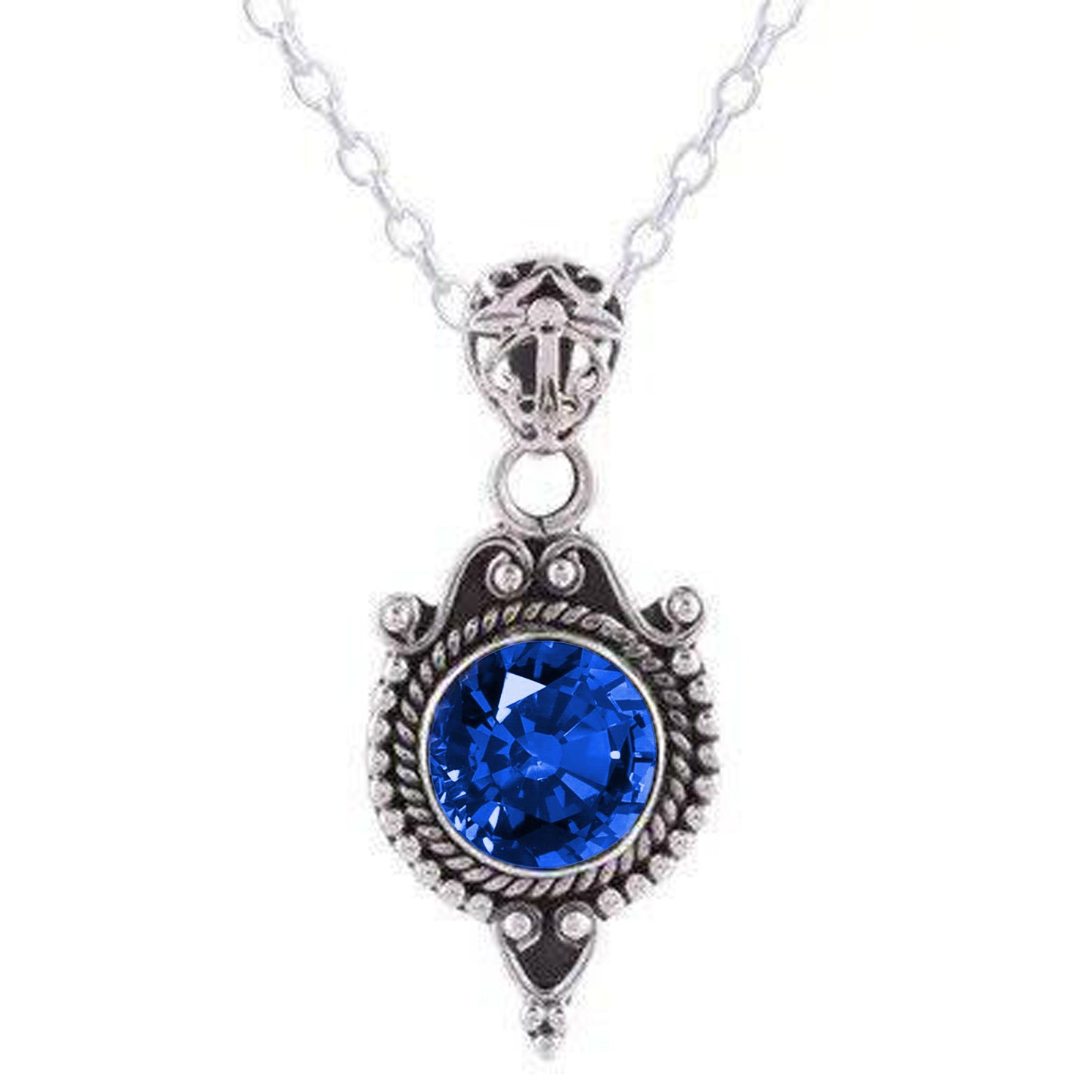 Blue Sapphire Antique Style Pendant 8 Carats White Gold 14K
